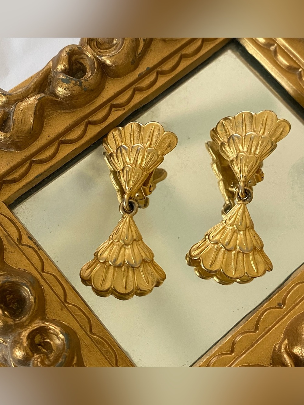 KARL LAGERFELD Vintage Double-Fan Dangle Earrings Gold Clip On 1980s Signed Rare